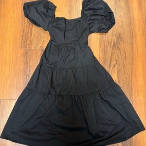 Black Puff-Sleeve Tiered Midi Dress - Women